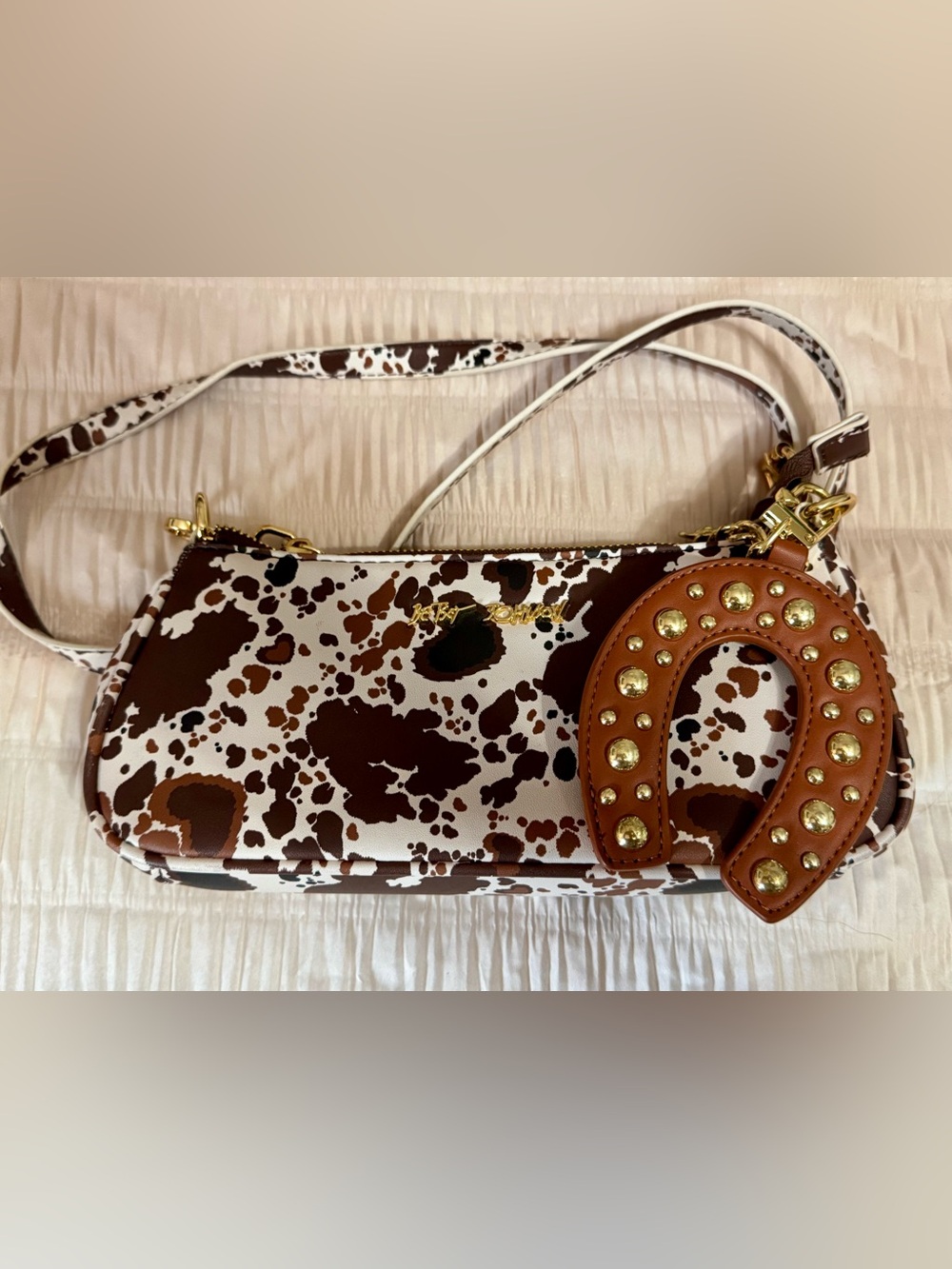 Betsey Johnson Brown and White Cowprint Mini Shoulder Bag with Gold Studs